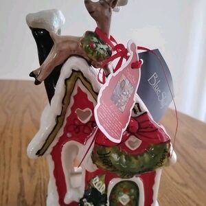 Blue Sky ClayWorks Ceramic House  Reindeer Christmas Tea Light Candle Holder